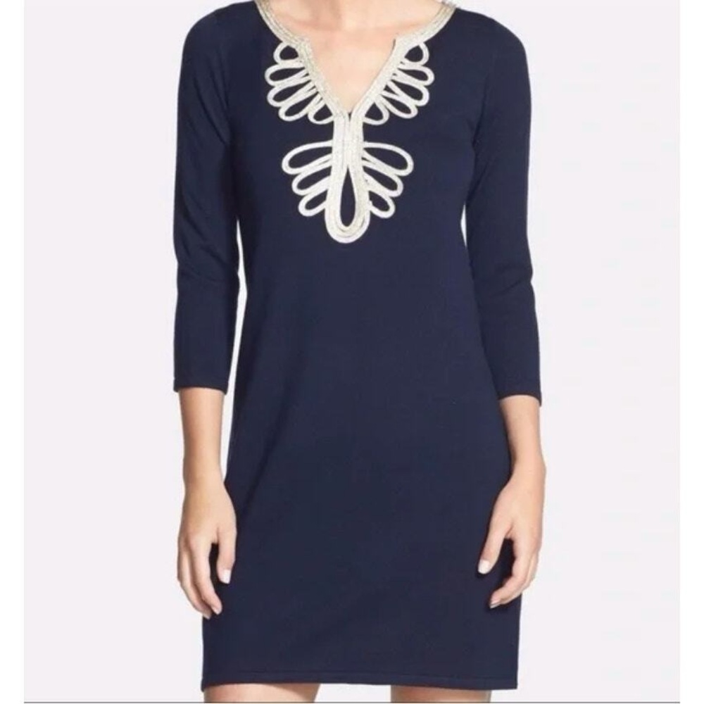 Lily Pulitzer Navy Embroidered V-Neck Shift Dress